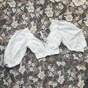 Open Back Lace Trim Blouse Crop Tie Back